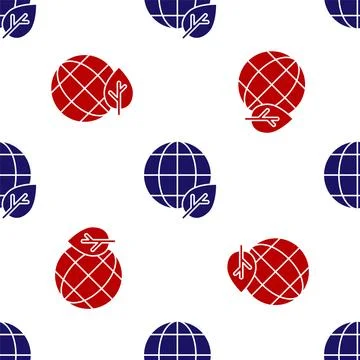 Blue and red Earth globe and leaf icon isolated seamless pattern on white Illustrazione stock