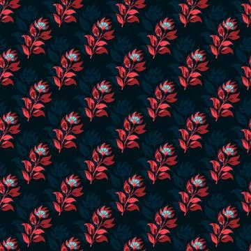 A blue and red floral pattern is displayed on a black background Stock Illustration