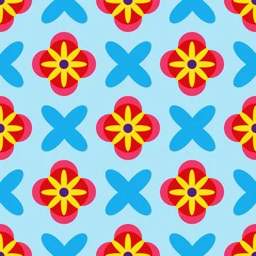 A blue and red flower pattern with yellow flowers Stock Illustration