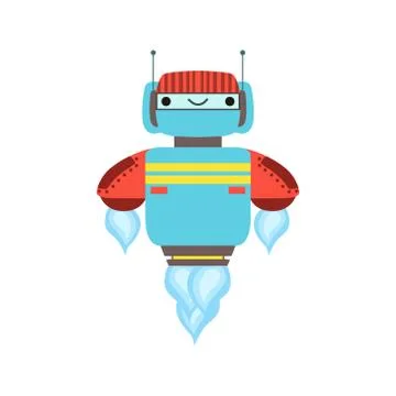 Blue And Red Friendly Android Robot Character Floating Mid Air Vector Cartoon Illustrazione stock