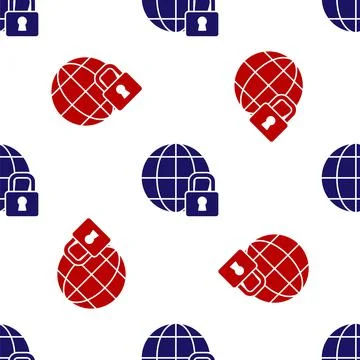 Blue and red Global lockdown - locked globe icon isolated seamless pattern on Stock Illustration