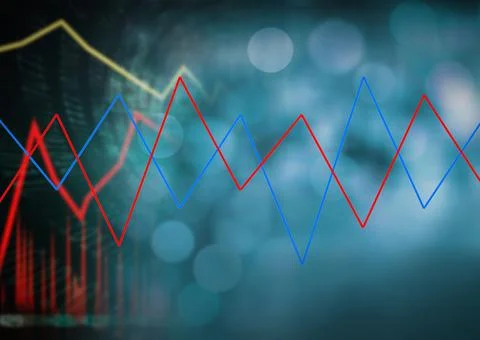 Blue and red graphs over statistical data processing against spots of light on Stock Illustration