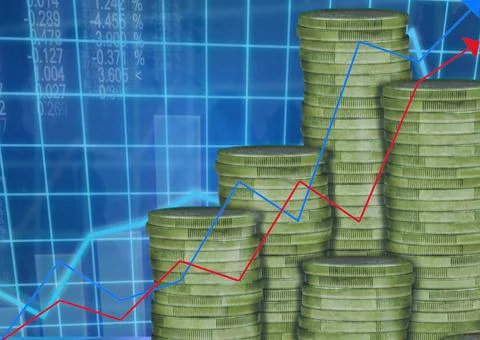 Blue and red graphs over stack of gold coins against financial data processing Stock Illustration