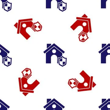 Blue and red House with shield icon isolated seamless pattern on white back.. Stock Illustration