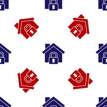 Blue and red House under protection icon isolated seamless pattern on white Illustrazione stock