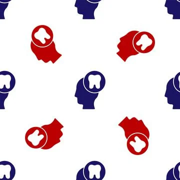 Blue and red Human head with tooth icon isolated seamless pattern on white Stock Illustration