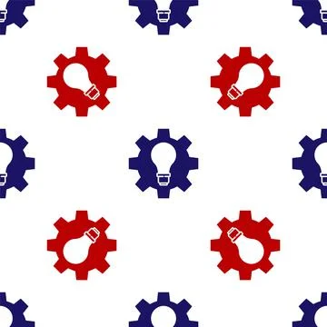 Blue and red Light bulb and gear icon isolated seamless pattern on white back Stock Illustration