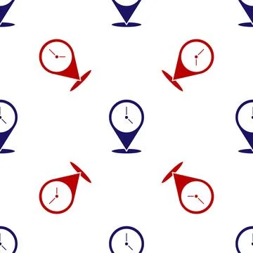Blue and red Location with clock icon isolated seamless pattern on white back Stock Illustration