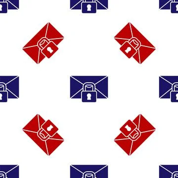 Blue and red Mail message lock password icon isolated seamless pattern on white Stock Illustration