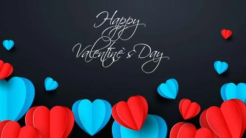 Blue and red paper elements in the shape of a heart flying on a dark background Stock Illustration