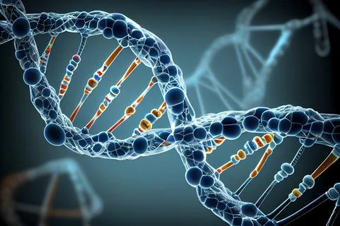 Blue and red particles dna helix glowing over dark blue background. Concept  Stock Illustration