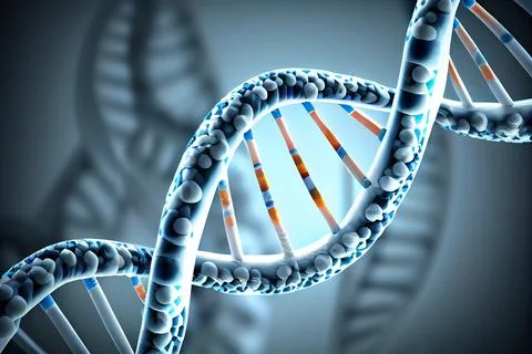 Blue and red particles dna helix glowing over dark blue background. Concept  Stock Illustration