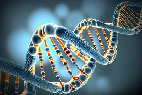 Blue and red particles dna helix glowing over dark blue background. Concept  Stock Illustration