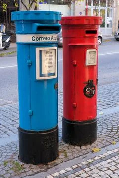 Blue and Red Post boxes on the streets of Castelo Branco Portugal Stock Photos