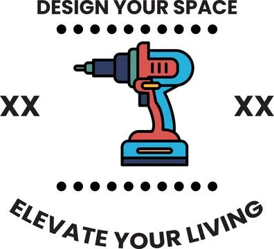 A blue and red power tool with the words "Design Your Space Elevate Your Li.. Stock Illustration
