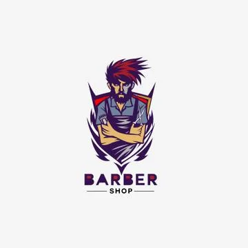 Blue and red shield barber shop logo vector illustration. Illustrazione stock