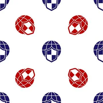 Blue and red Shield with world globe icon isolated seamless pattern on whit.. Stock Illustration