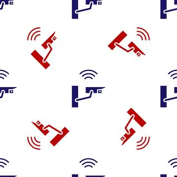 Blue and red Smart security camera icon isolated seamless pattern on white Stock Illustration