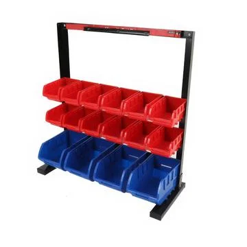 Blue and red Storage bin hang on rack isolated on white background Stock Photos