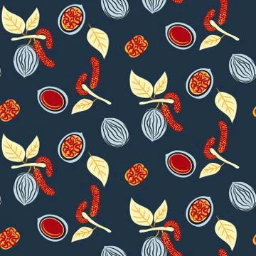 Blue and red stylized walnut vector seamless pattern. Stock Illustration