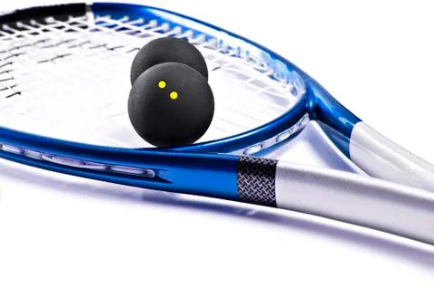 Blue and silver squash racket and balls Stock Photos