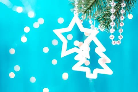 Blue and silver xmas decoration star on a branch with copy space. Merry Stock Photos