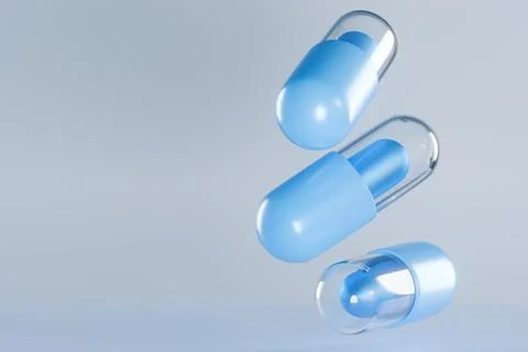 Blue and transparent capsules floating on a light background Illustrazione stock