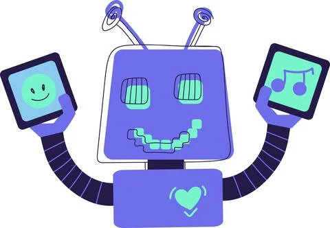 Blue And Turquoise AI Technology Doodle Sticker Robot With Icons In Hands 스톡 일러스트