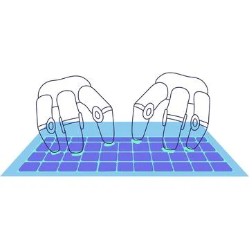 Blue And Turquoise AI Technology Doodle Sticker With Robots Hands On Keyboard Ilustración de archivo