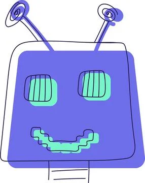 Blue And Turquoise AI Technology Doodle Sticker With Robots Head Smiling Stockillustratie
