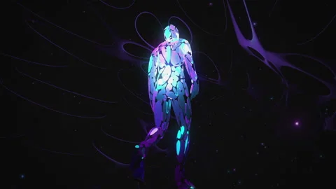 Blue and violet crystal man walking in 3d space Stock Footage 234258653