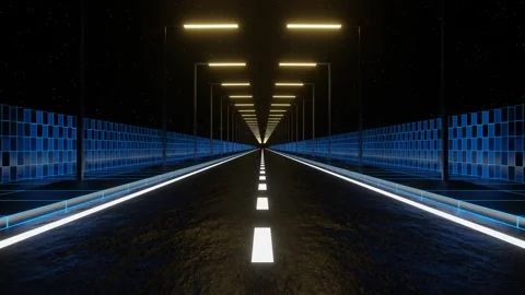 Blue and White and Light Yellow Neon Futuristic Highway Background VJ Loop Stock Footage 255022320