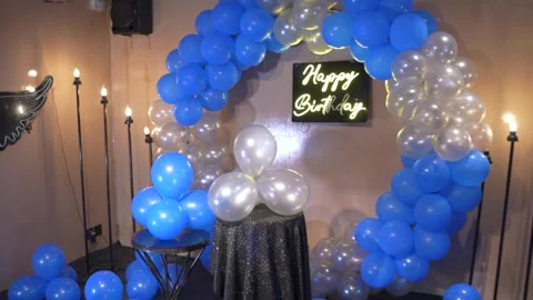 Blue and White Balloon Arch Beautiful Birthday Party Decoration Loop Stock Footage 337428875