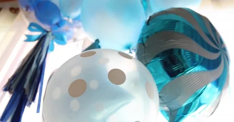 Blue and white balloon floating decoration in birthday anniversary celebration p Video stock 85114345