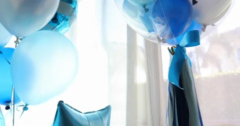 Blue and white balloon floating decoration in birthday party Stock Footage 91214655