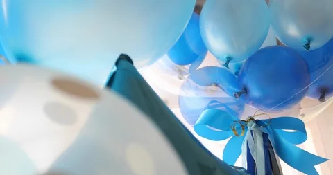 Blue and white balloon floating decoration in birthday party Stock Footage 91214909