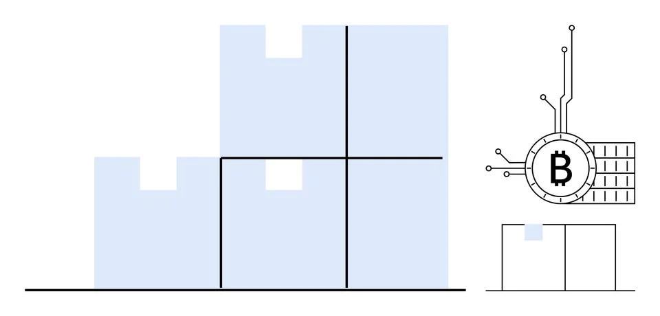 Blue and white blocks arranged in a Tetris-like pattern next to a Bitcoin sym Stock Illustration