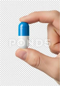 Blue and white capsule held between fingers, medicine or supplement PSD Template