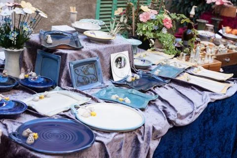 Blue and white ceramic tableware for sale at Sineu market Stock Photos