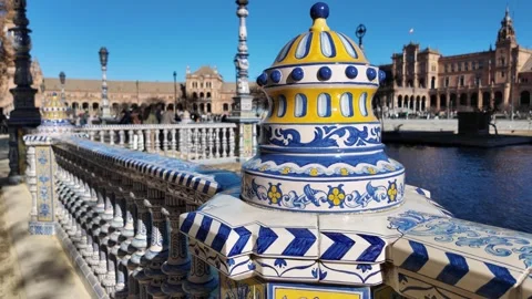 Blue and White Ceramic Tile Decoration at Plaza de España Stock-Footage 296708932