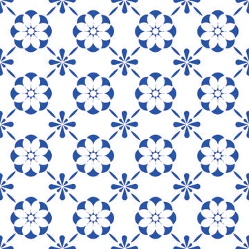 Blue and white ceramic tile seamless pattern porcelain background Ilustração Stock
