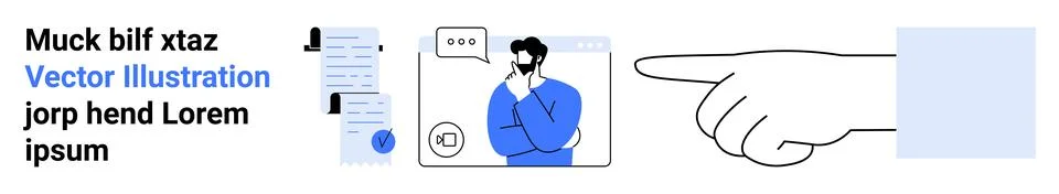 Blue and White Chat Interface with Human Figure Pointing Hand and Text Elemen Stock Illustration