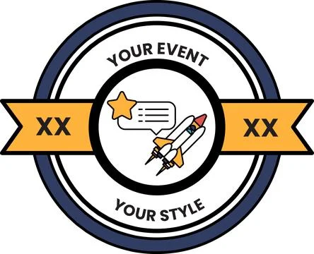 A blue and white circle with a rocket and stars on it 스톡 일러스트
