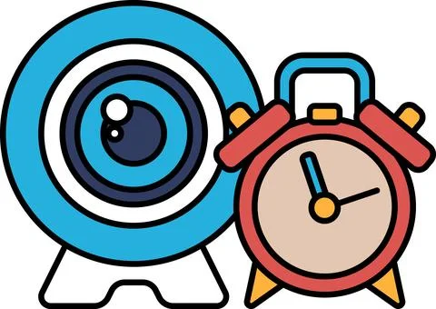 A blue and white clock with a red face sits next to a camera lens Stock Illustration