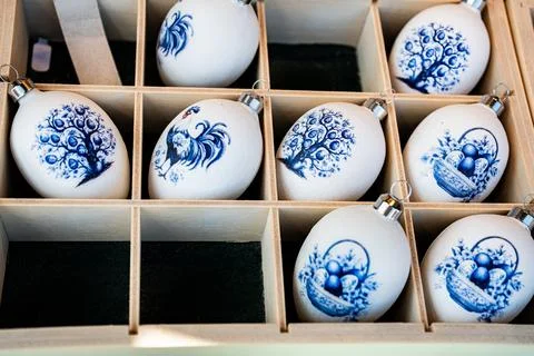 Blue and White Decorative Easter Eggs in Wooden Display Box Stock Photos
