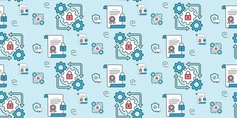 Blue and white documents security icons with gears and arrows seamless pattern Stock Illustration