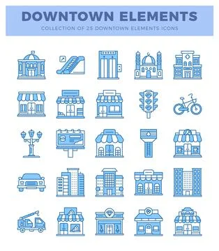 A blue and white downtown element icons on a light blue background. present.. Stock Illustration
