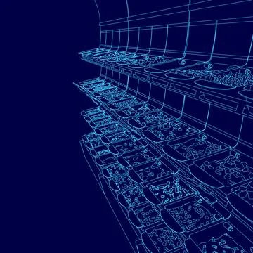 Blue and white drawing of a building with many Blue image of a grocery store Ilustración de archivo