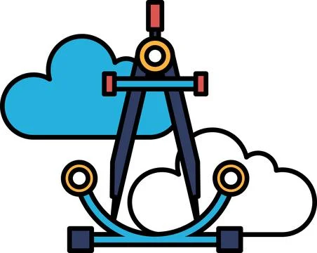 A blue and white drawing of a compass with a cloud in the background Stock Illustration