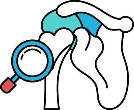 A blue and white drawing of a magnifying glass looking at a heart Illustration
